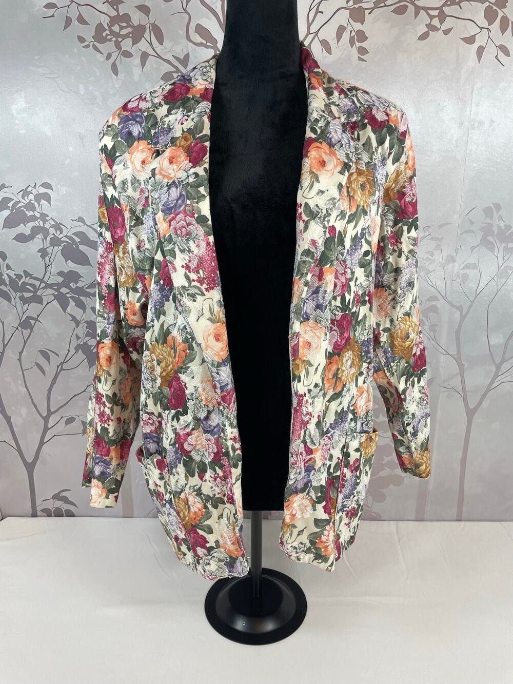 Orare Vintage 90s Floral Tapestry Open Front Blazer Jacket Cream M Grandmacore